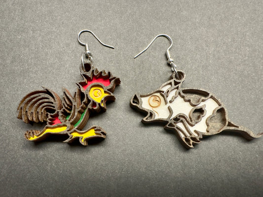 Chicken and Pig dangle earrings